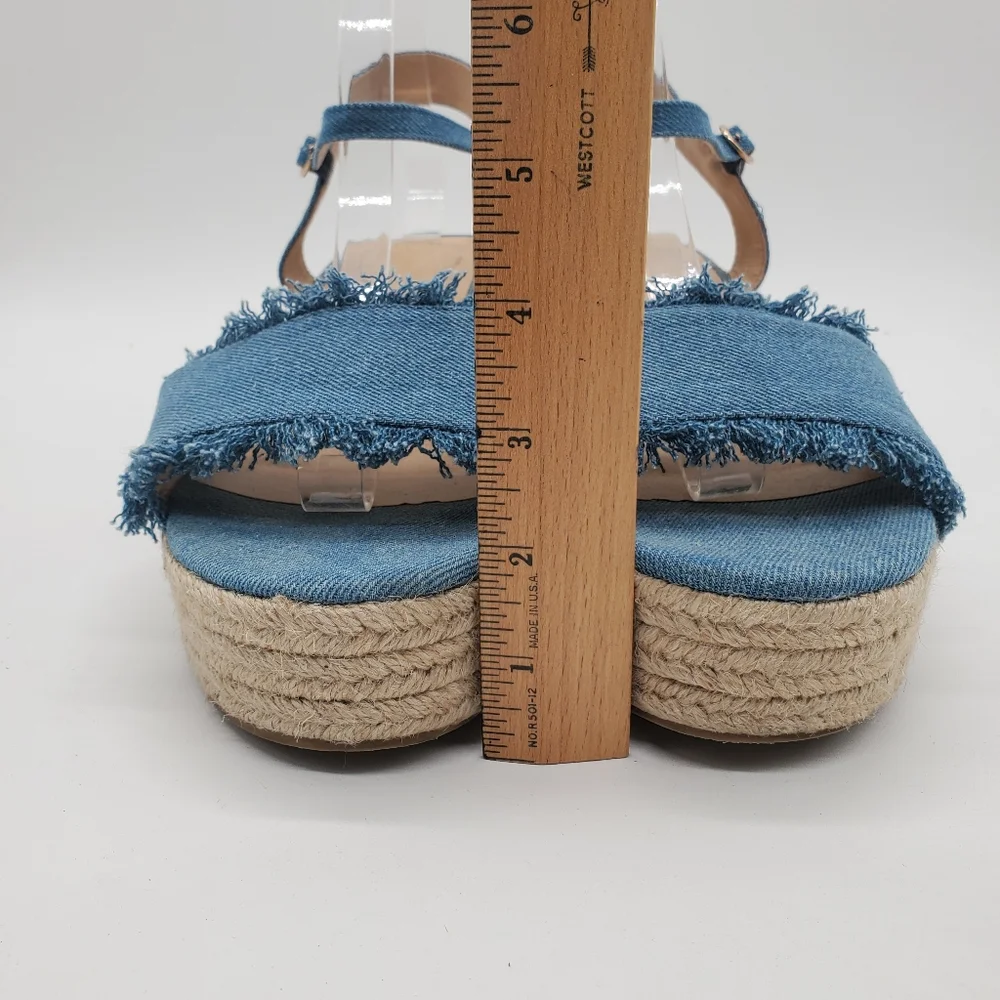 C Comfort Frayed Denim Espadrille Block Heel Platform Sandals Size 11